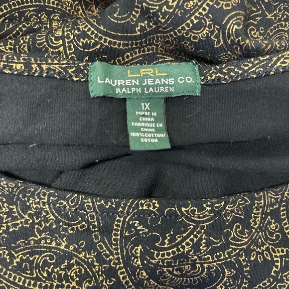 Lauren Ralph Lauren Womens 1X Black Gold Metallic Paisley Cotton Top 3/4 Sleeves - Picture 5 of 5